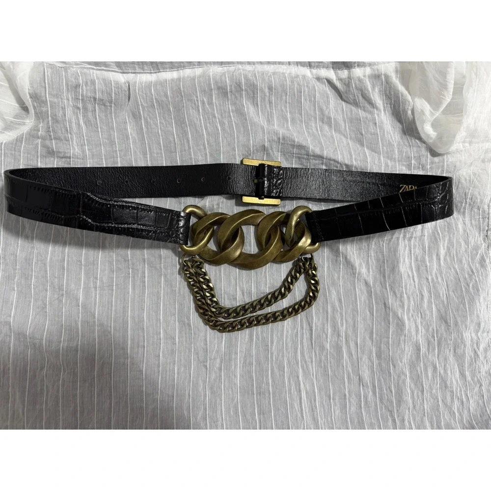 ZARA Black Croc Embossed Belt with Gold Chain and Buckle‎ Size 80